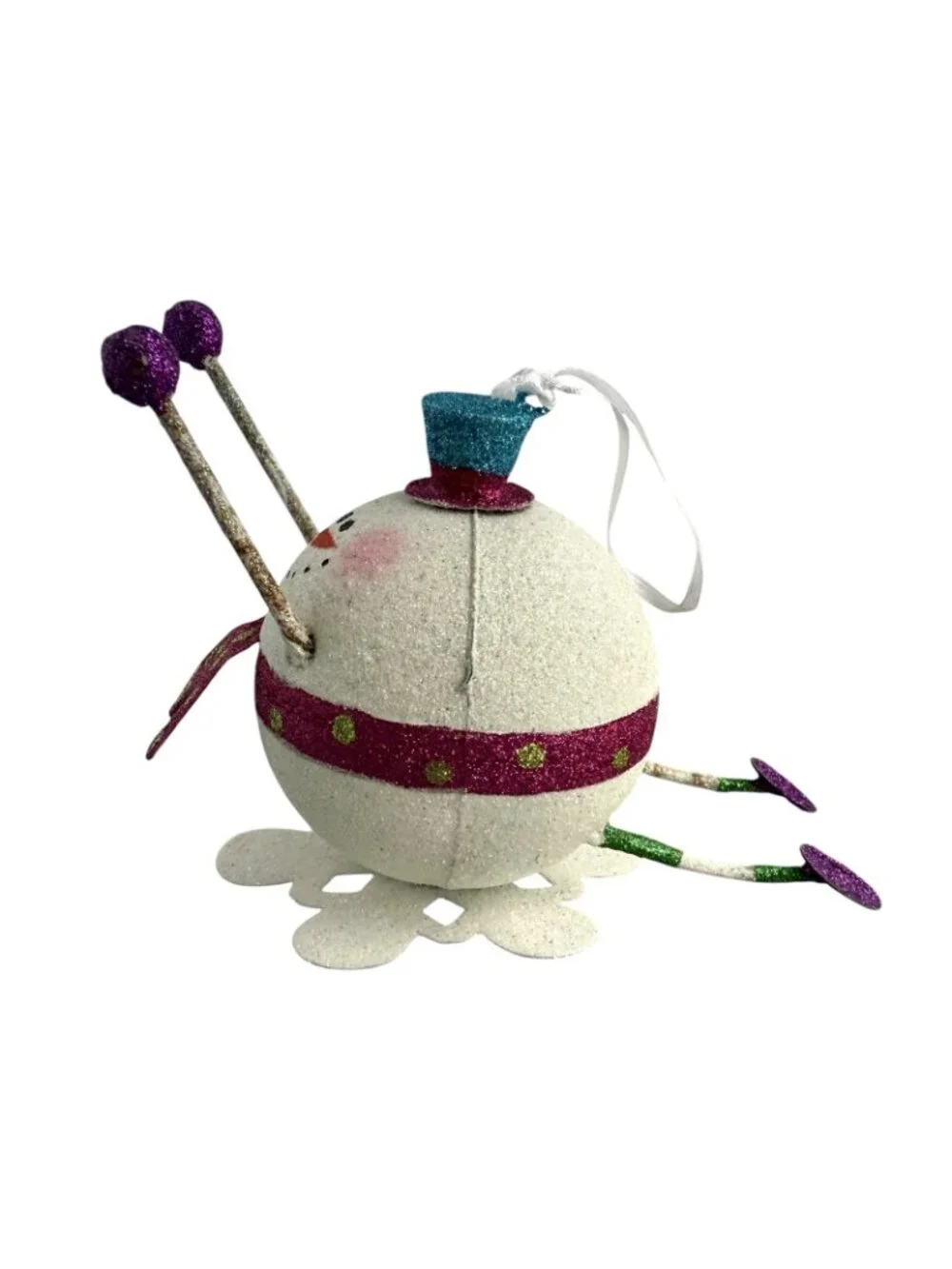 Pier 1 Snowball Snowman Ornament Top Hat Glitter Scarf Rolling Sliding
